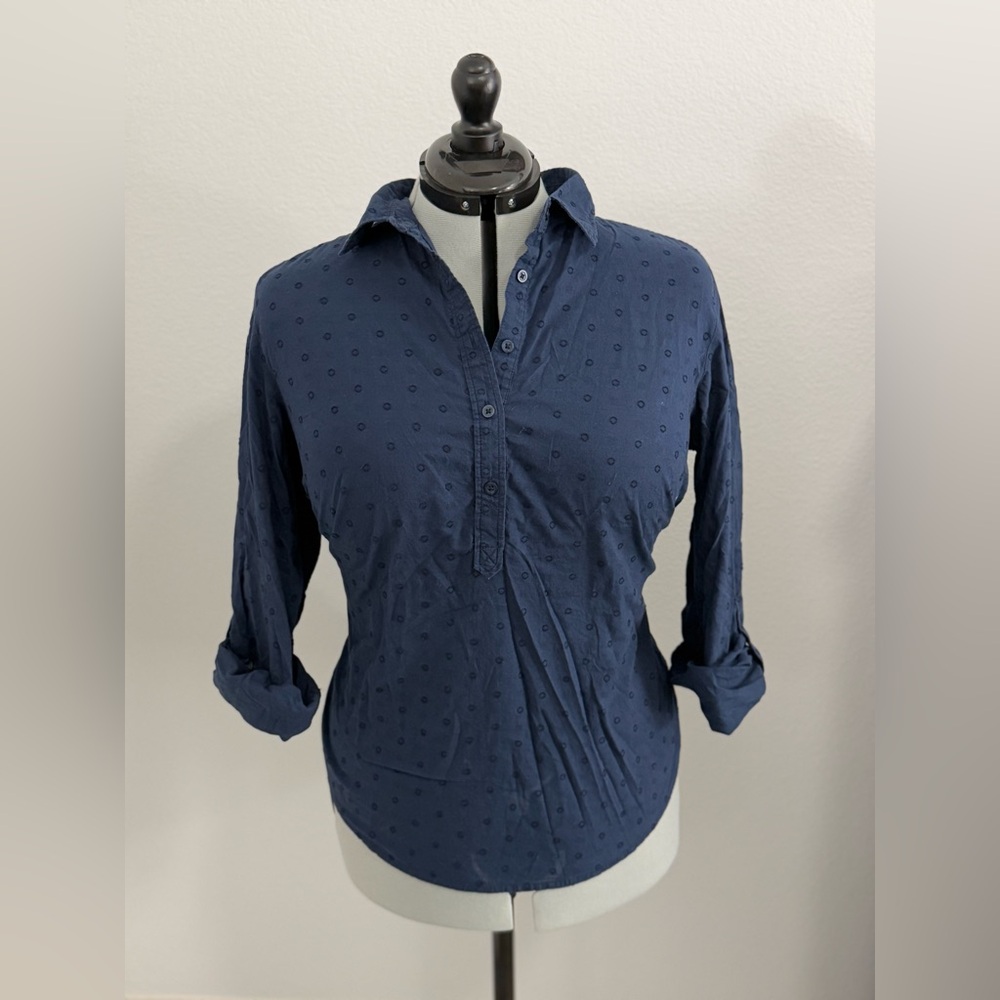 Tommy Hilfiger Navy Blue Cotton Popover Roll Tab Button Down Tunic Top Size L